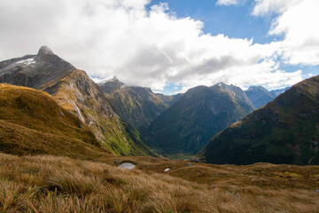 Fototapeta premium Mt Hard and Aiguille Rouge, Mount Pillans above Arthur Valley, Milford Track New Zealand
