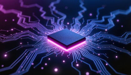 Futuristic quantum computer chip glowing with blue and purple neon lights, high-tech background