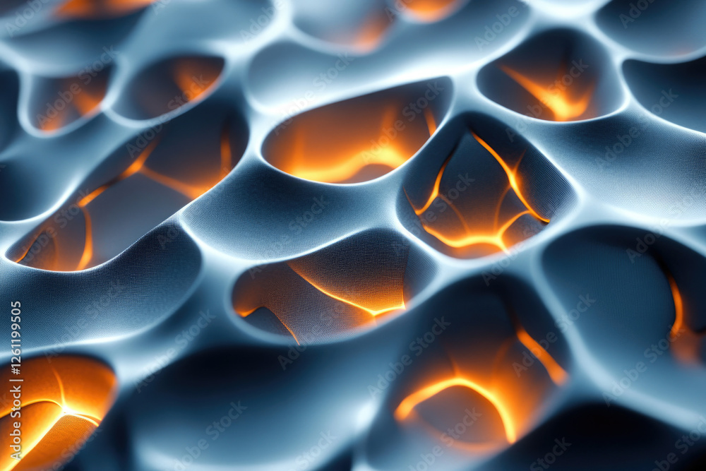 Poster abstract 3d render of a textured surface with glowing orange accents in the crevices.