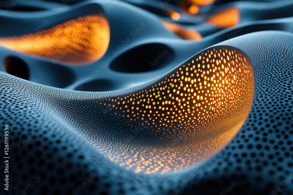 Poster abstract 3d render of a dark blue undulating surface with glowing orange holes, resembling a futuris