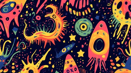 Fototapeta premium Cute seamless pattern with aliens, rockets and stars for the design of children's items