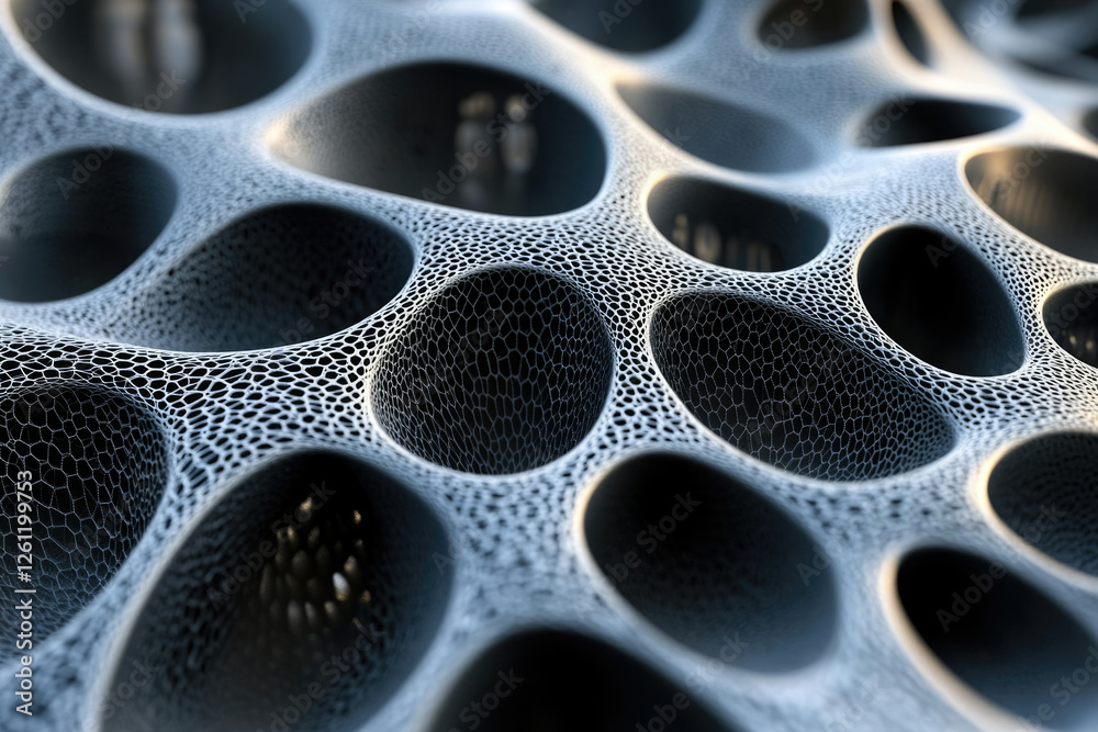Aufkleber Abstract 3D rendering of a complex, interconnected network of holes and meshes, resembling a porous structure.
