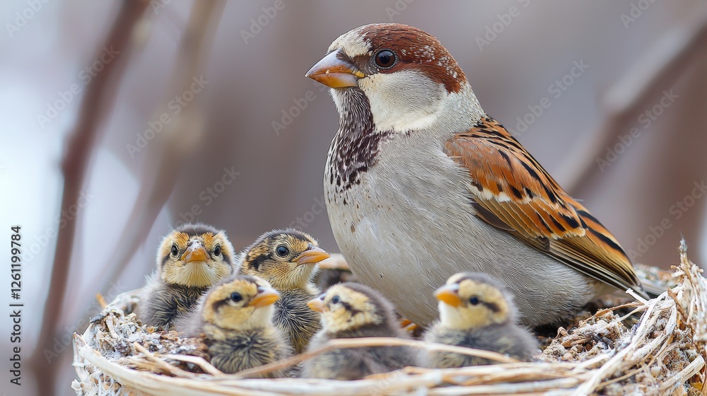 Canvas Prints A small bird sitting on top of a nest with six baby birds