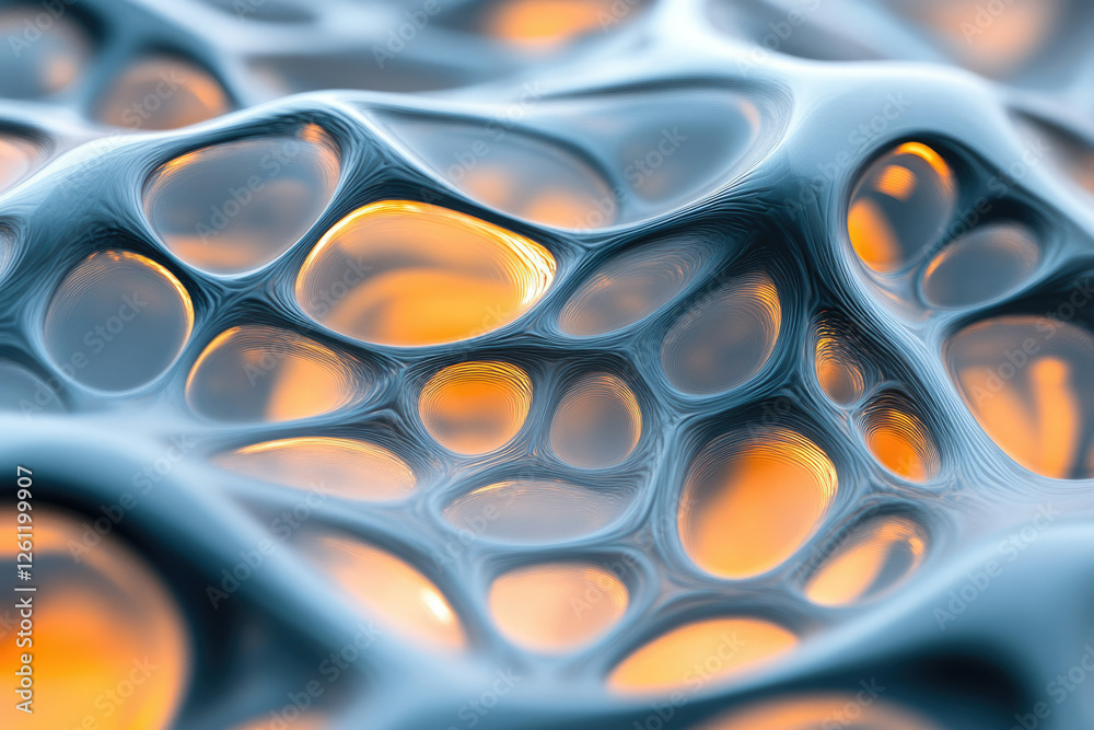 Poster abstract 3d render of a flowing, interconnected network with glowing orange accents.
