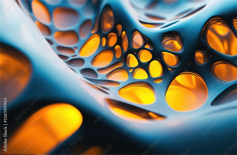 Poster abstract 3d rendering of a blue and orange organic, porous structure with glowing inner cavities.