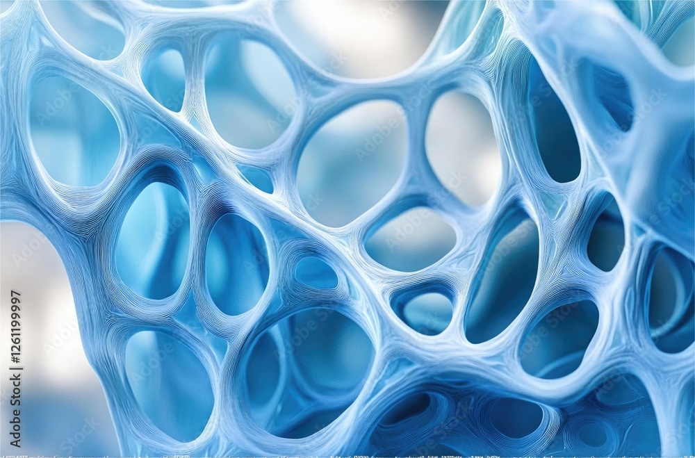 Poster Abstract 3D rendering of a blue, porous, interconnected network resembling a sponge or cellular structure.