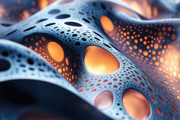 Obraz premium Abstract 3D rendering of a dark blue undulating surface with perforated holes, glowing orange from within.