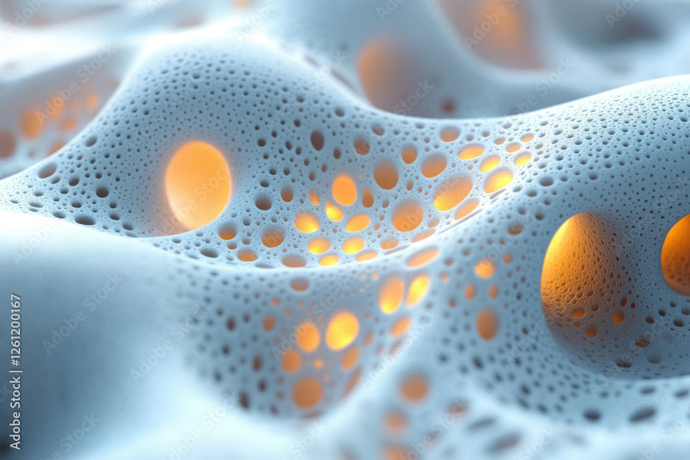 Poster abstract 3d rendering of a porous, undulating surface with glowing inner cavities.