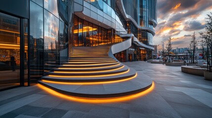 Obraz premium Illuminated stairway, modern building, city sunset, plaza