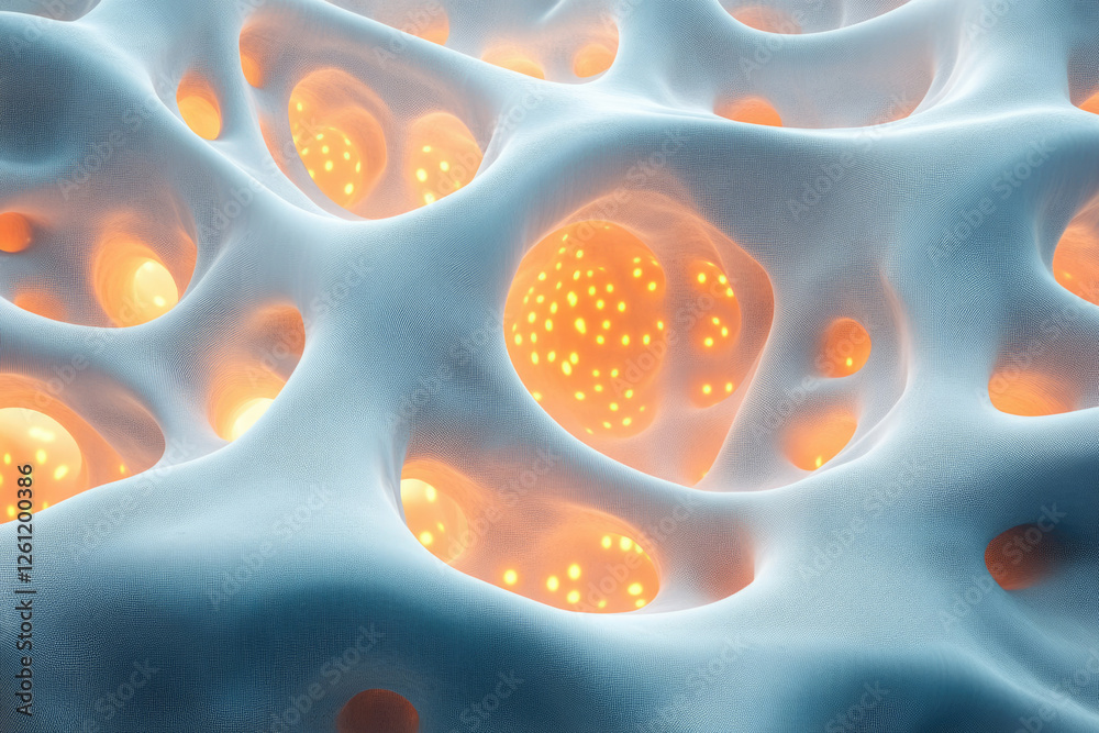 Aufkleber Abstract 3D rendering of a porous structure with glowing orange inner cavities, resembling a microscopic view of bone or a network.
