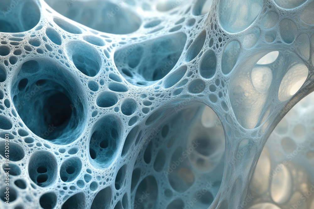 Poster abstract 3d render of a complex, interconnected network resembling a porous, spongy structure.