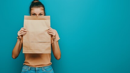 A young woman conceals her face behind a brown paper bag, creating an intriguing sense of mystery. Her casual outfit complements the vibrant turquoise background, adding depth to the moment