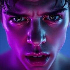 Intense young man expressing strong emotions with vibrant neon lighting