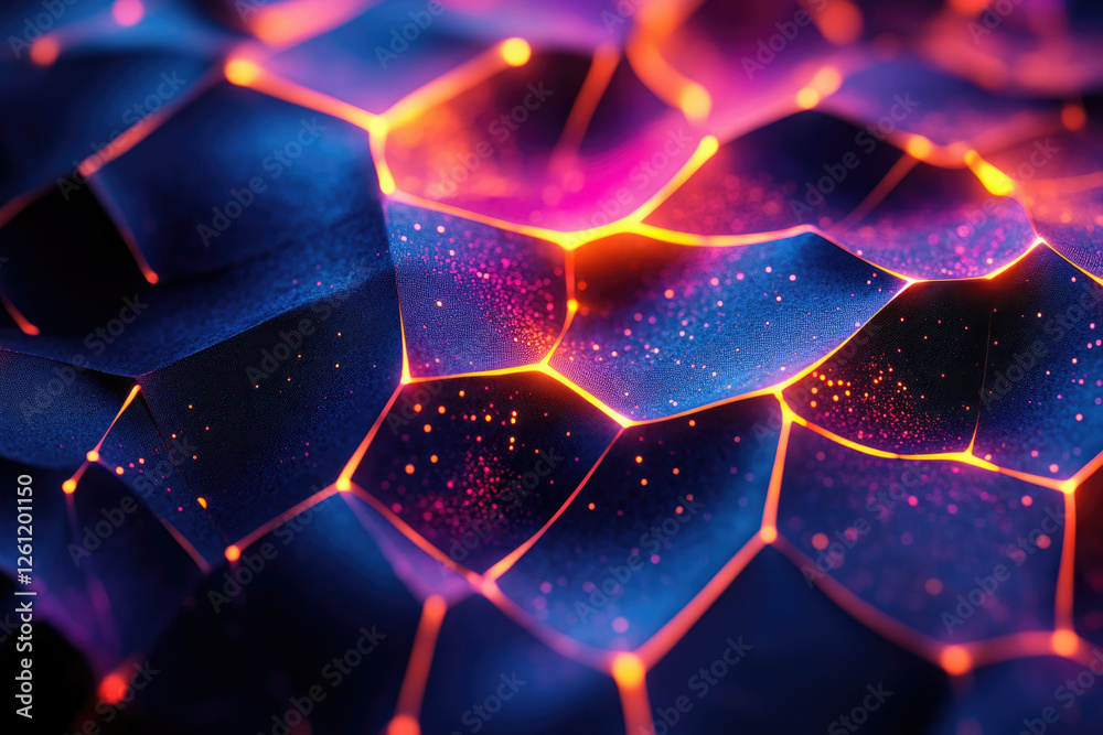 Poster abstract polygonal surface with glowing neon lines and vibrant color gradients.