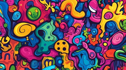 Obraz premium Abstract Comic Style Graffiti Colorful Digital Art Background Cover Vibrant Fluid Forms and Multi-Color Geometric Cartoon Shapes for Trendy Modern Design 