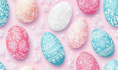 Fototapeta premium Pattern of intricately decorated Easter eggs with artistic floral designs and soft pastel background