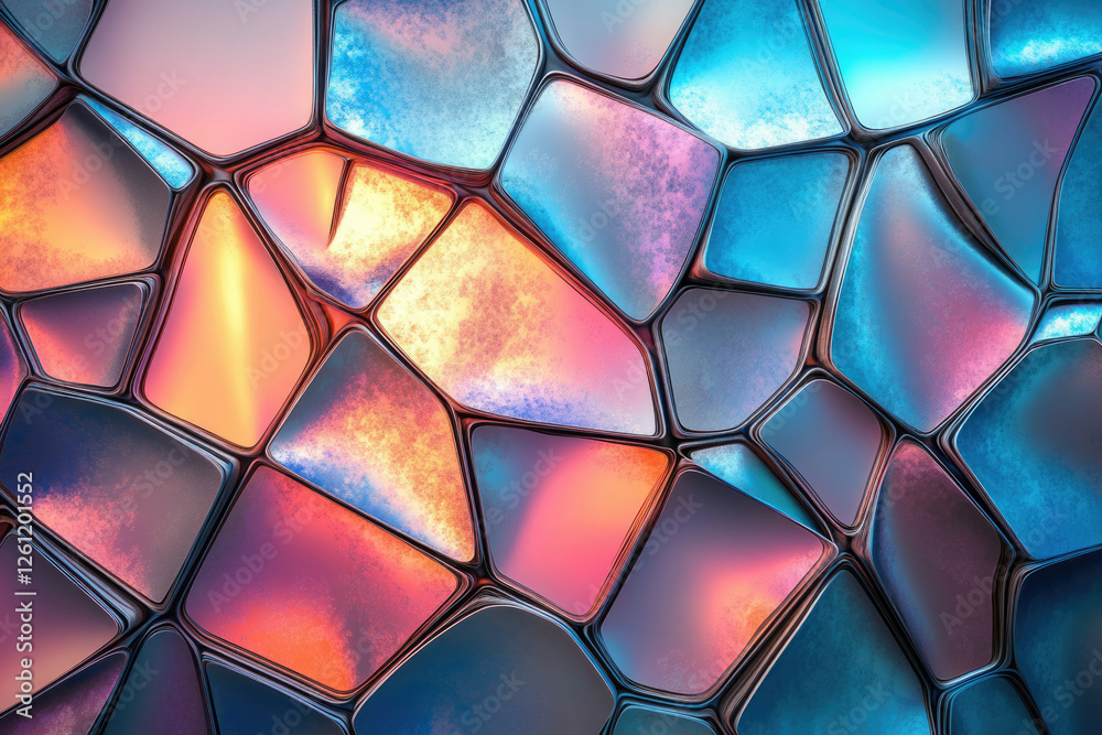 Poster abstract iridescent mosaic pattern with vibrant colors and metallic texture.