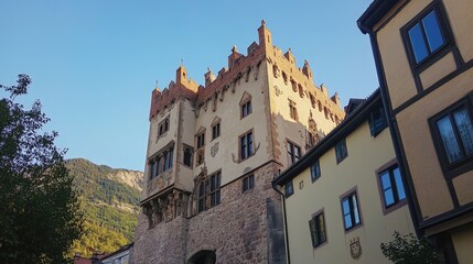 Obraz premium Exploring Castello di Tirolo: A Scenic Tower Overlooking the Adige River in Bolzano's Alto Adige Hills