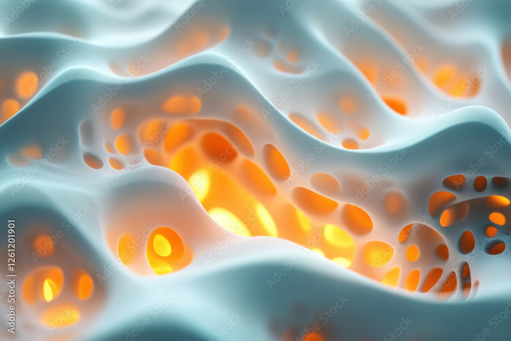 Poster Abstract 3D render of a porous, wave-like structure with warm inner glow.