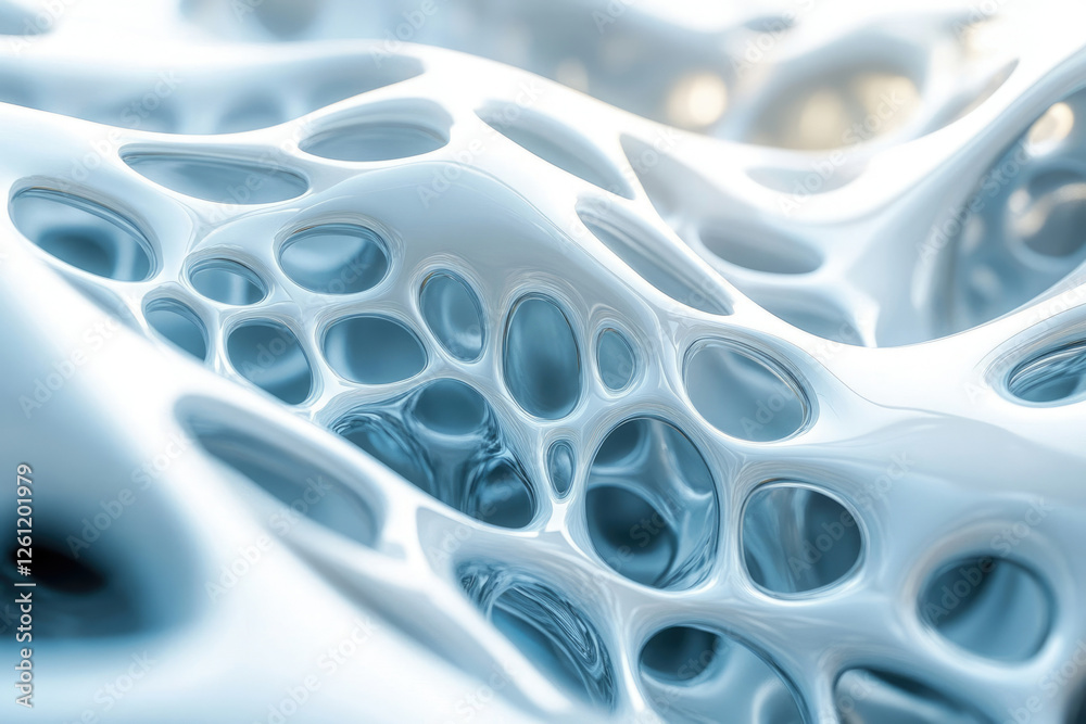 Poster abstract 3d rendering of a white, biomorphic structure with interconnected, organic holes.