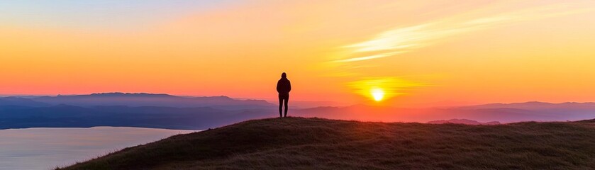 Fototapeta premium Person standing on a hilltop watching the sunset, peaceful solitude