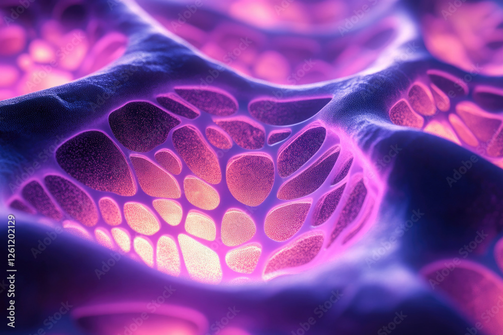 Poster Abstract image depicting a vibrant, glowing network resembling cellular structures or a neural network.