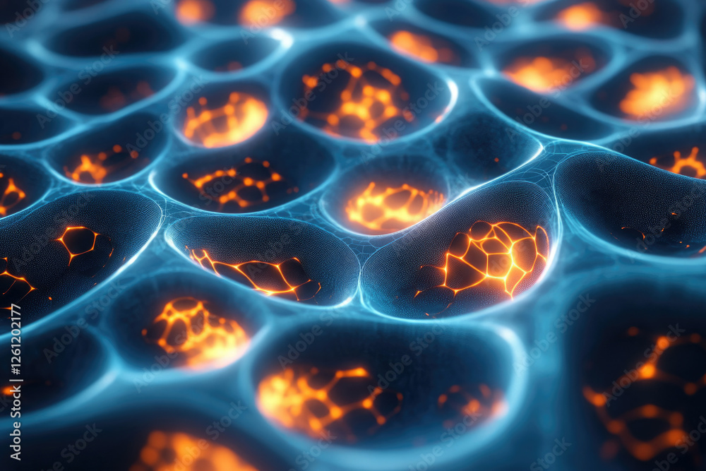Fototapete abstract 3d render of glowing interconnected cells, resembling a network or neural system with vibra