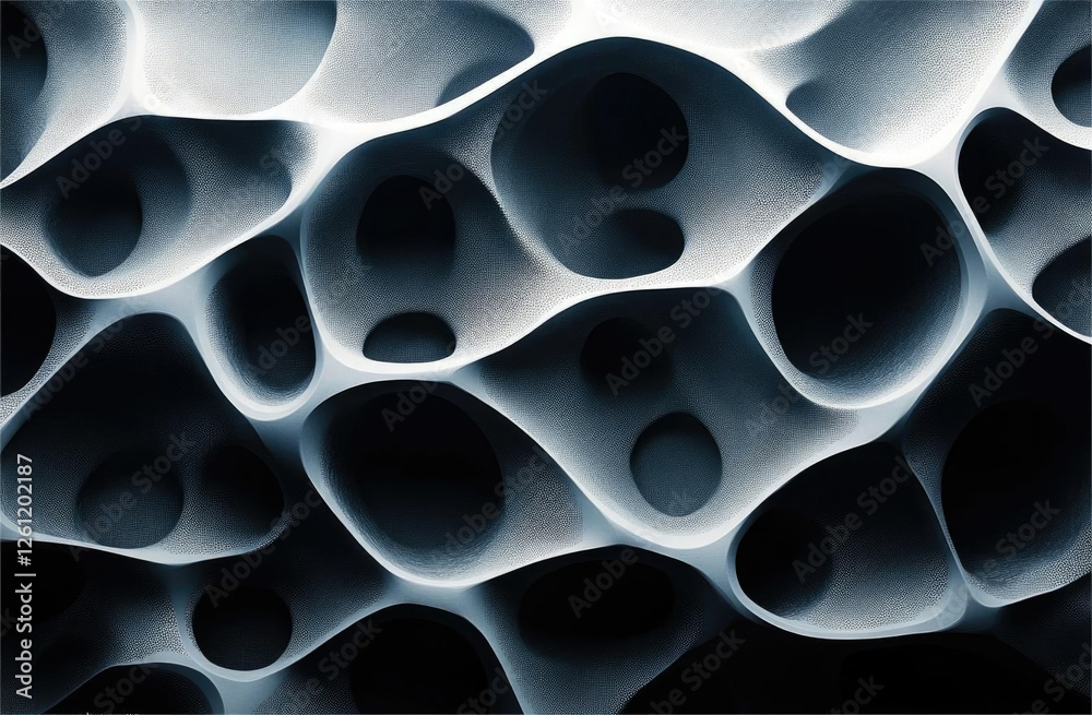 Poster abstract 3d render of a porous, cavernous, organic structure with a textured surface.