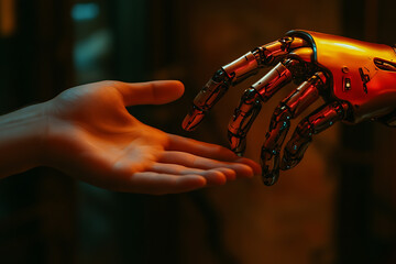 A close-up of two hands&mdash;one human and the other robotic&mdash;reaching toward each other, symbolizing the fusion of humanity and technology.