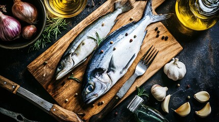 Raw Seafood Assortment on Chopping Board with Fork