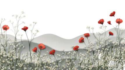Red poppies and white flowers growing on abstract wavy hills with transparent background