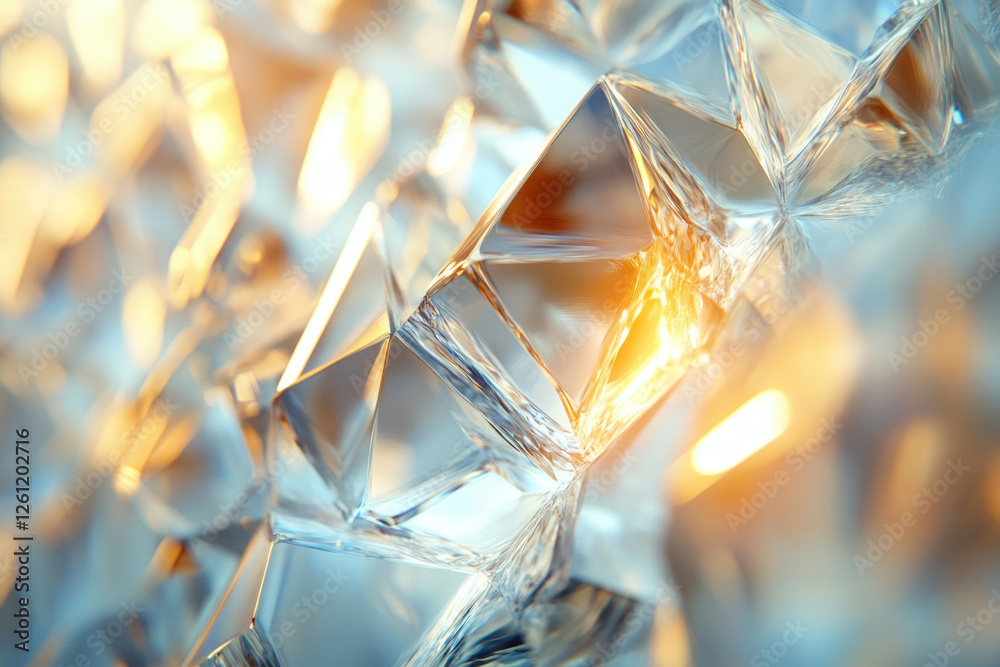 Poster Close-up of sparkling crystal facets, illuminated with warm light, showcasing intricate geometric patterns and textures.