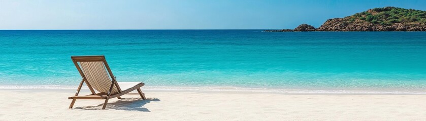 Secluded beach with a single lounge chair facing the turquoise sea, peaceful solitude