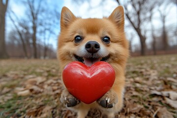 Cute finnish spitz pooch with domestic animal toy red heart on a walk in a spring garden. Commercial critter creative. Finnish spitz - my preferred dog, symbol of friendship. Cute pet love.
