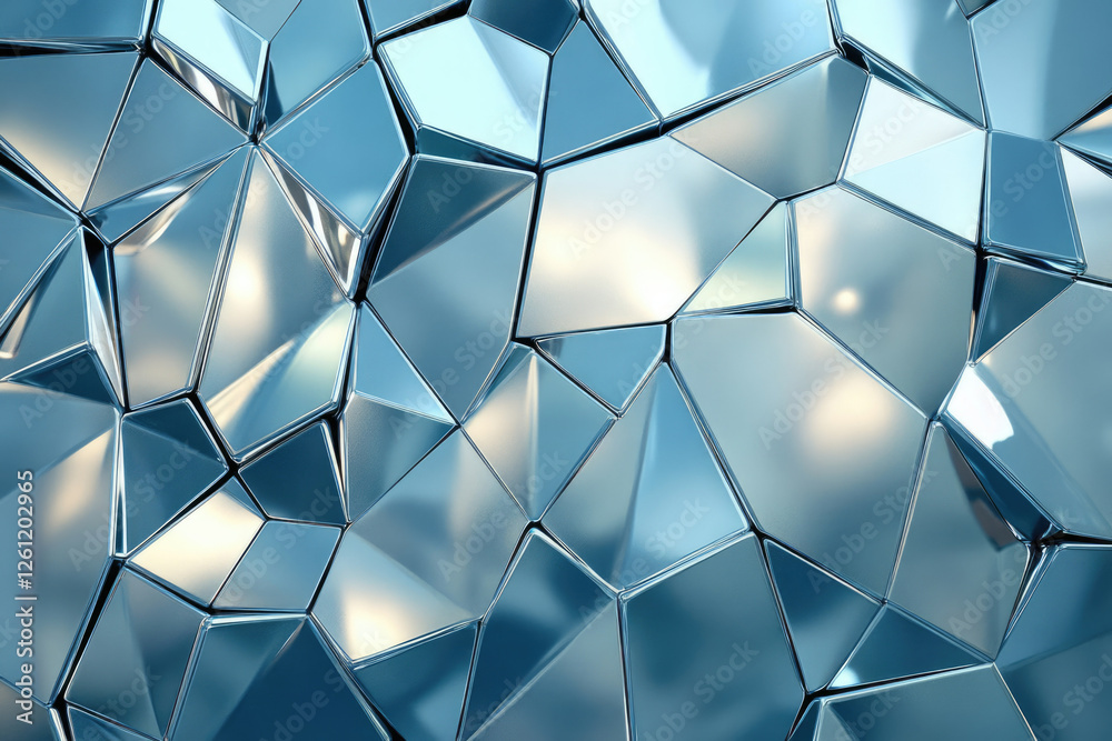 Poster abstract background of fragmented metallic polygons with a reflective, blue-toned surface.