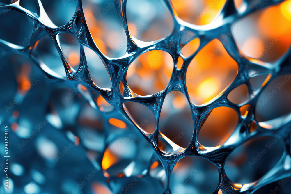 Poster abstract 3d rendering of a metallic, interconnected network structure with vibrant blue and orange h