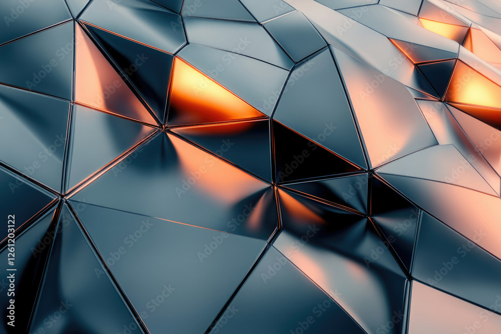 Poster Abstract 3D render of a metallic, geometric surface with triangular facets and warm orange lighting.