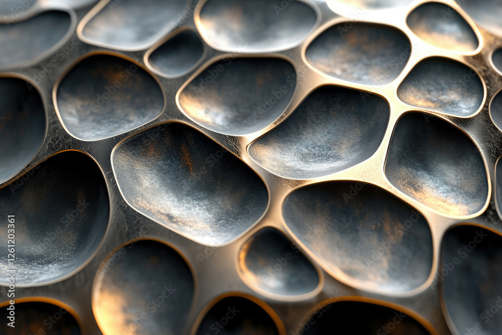 Poster Abstract metallic texture with an intricate network of interconnected concave shapes.