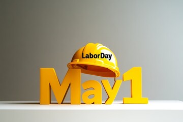 Yellow hard hat placed upon a bold May 1st text for Labor Day