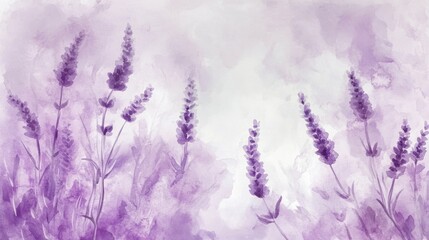 Lavender field watercolor painting, purple flowers, soft background, nature scene, design element