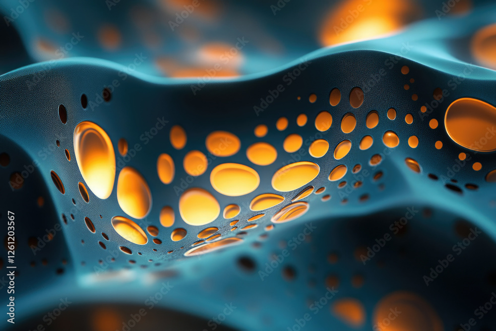Poster Abstract 3D render of a textured, undulating surface with glowing circular cutouts.