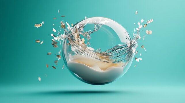 Floating Transparent Sphere with Water Splash and Currency Notes Around It