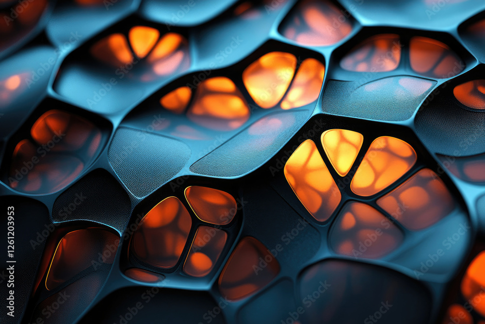 Poster abstract 3d render of a dark, textured surface with glowing orange honeycomb-like structures.