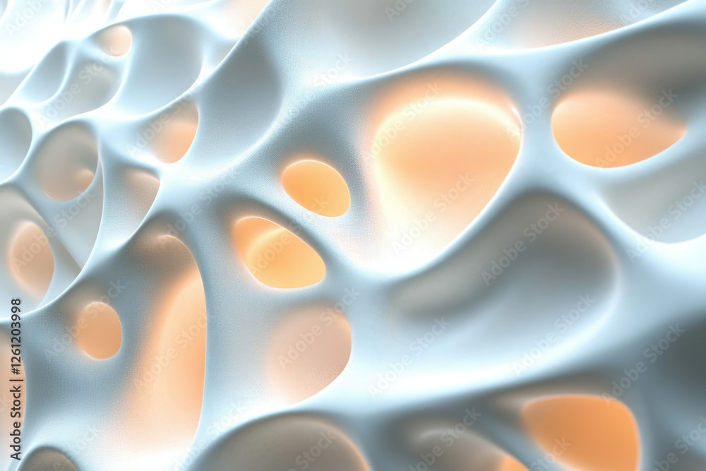 Poster abstract 3d rendering of a porous, organic-like structure with soft, glowing cavities.