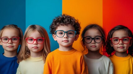 Obraz premium Five children wearing eyeglasses posing together on colorful background