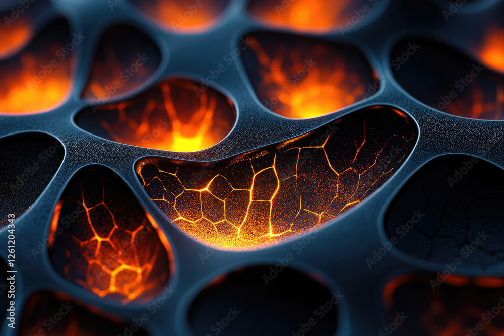 Poster abstract 3d render of a dark, metallic structure with glowing orange lava-like interiors.