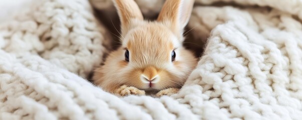 Fototapeta premium Soft close-up of a baby rabbit nestled in a cozy blanket