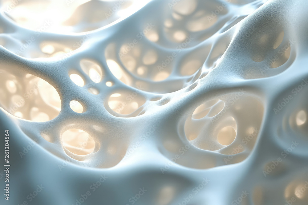 Poster abstract 3d rendering of a porous, spongy, white organic structure resembling bone or foam.
