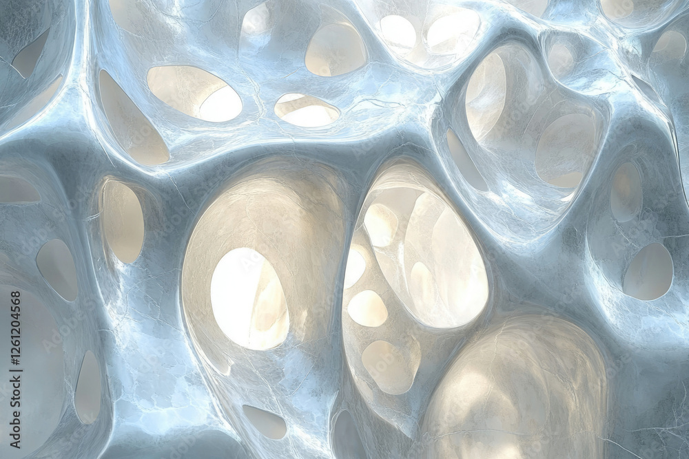Poster Abstract 3D render of a light gray organic form with numerous cavities and a textured surface.