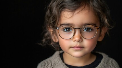 Fototapeta premium Portrait of adorable young girl wearing stylish round eyeglasses on black background